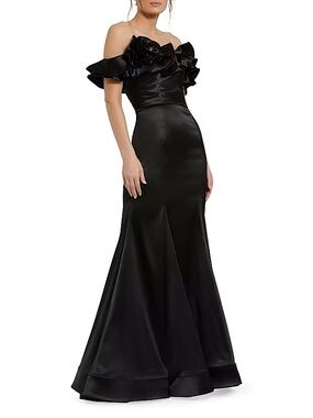 MACDUGGAL Off-Shoulder Black Satin Evening Gown with Floral Detail